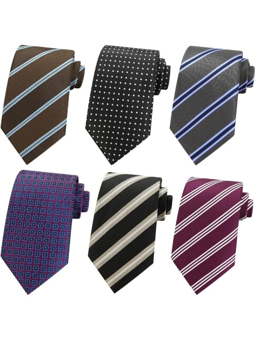 Classic Striped & Solid Neckties 6-Pack for Business, Wedding, Party, Gift